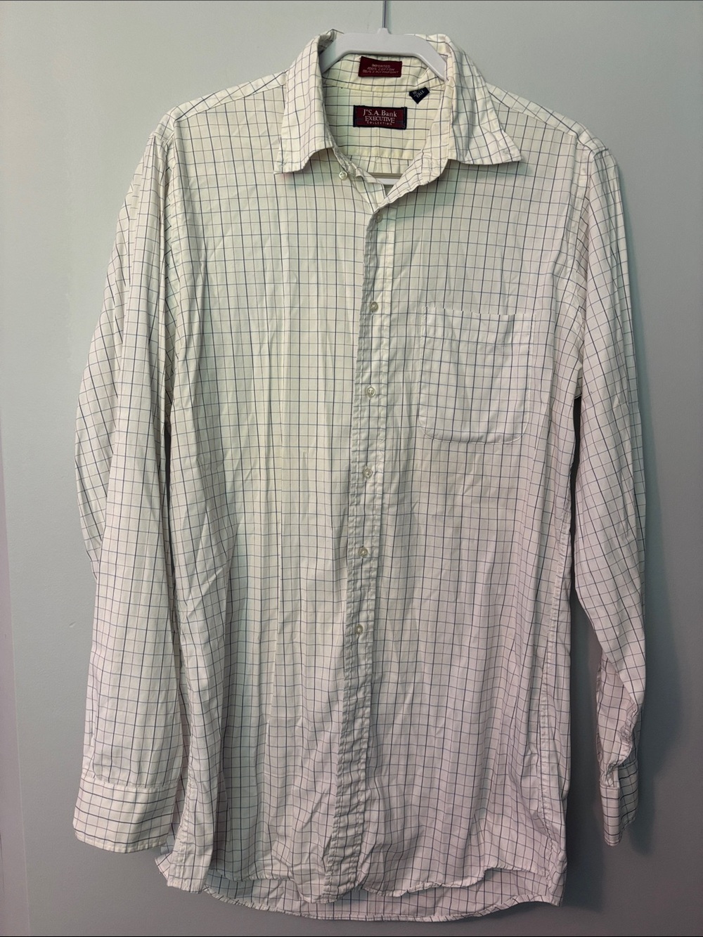 Jos. A. Bank White Dress Shirt with Green Windowpane Check